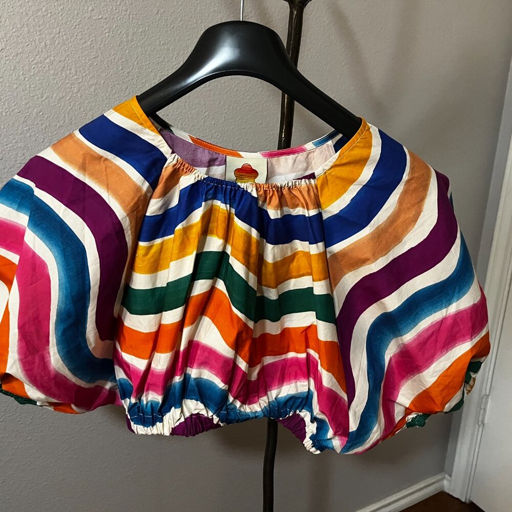 Farm Rio Dancing Stripes Puff Sleeve Crop Top EUC - Picture 4 of 4